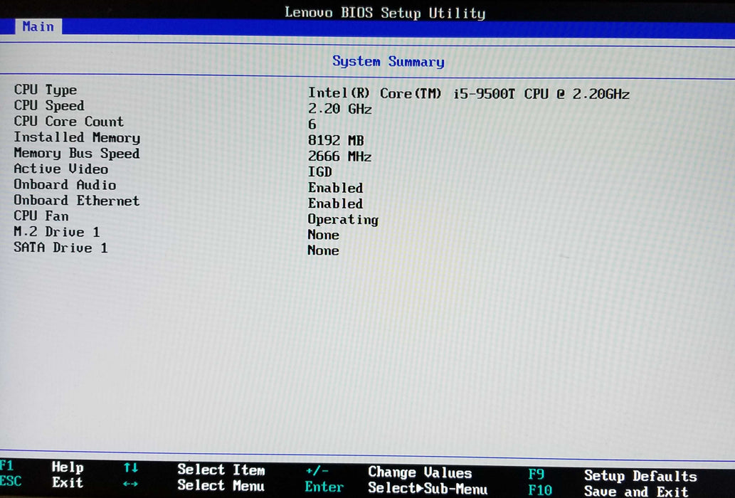 Lenovo ThinkCentre M720q USFF, i5-9500T CPU @2.20GHz, 8GB RAM - No HDD/SSD Q