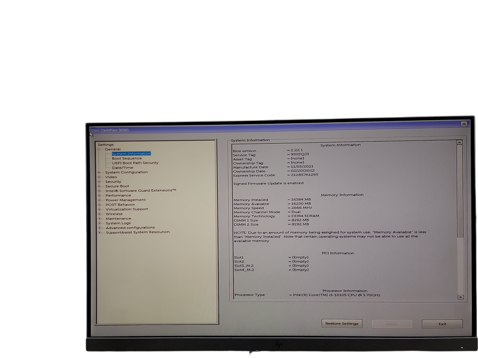 Dell OptiPlex 3090 SFF i3 - 10105 @ 3.70GHz 16GB DDR4 Ram NO HDD θ