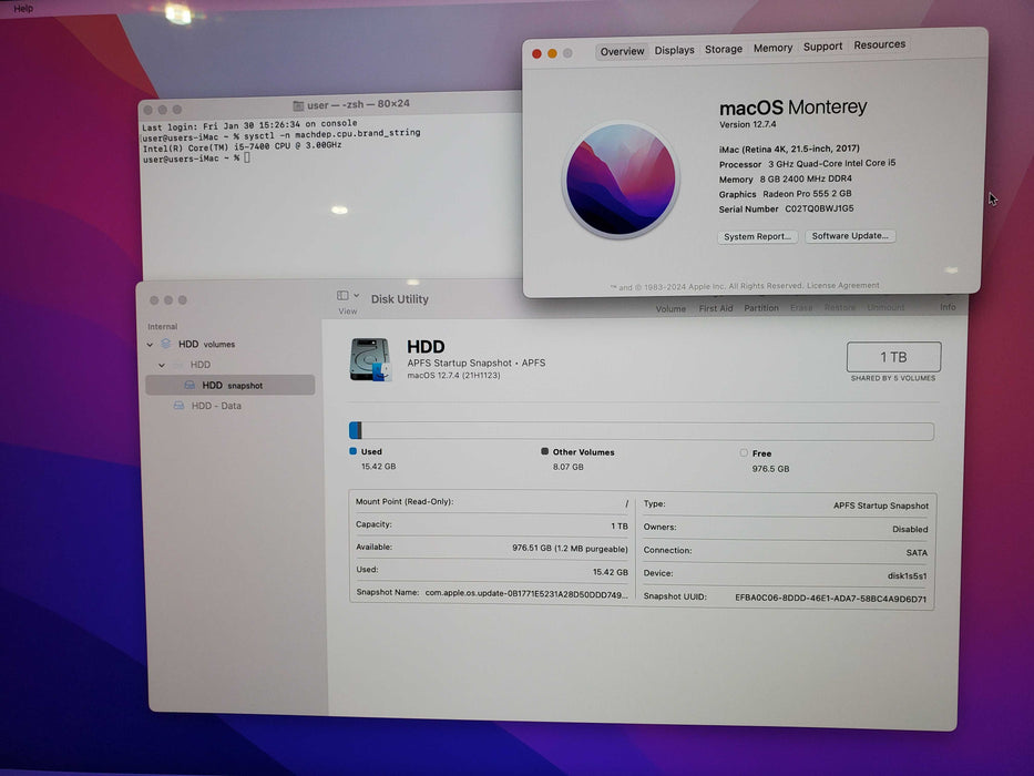 Apple iMac Retina 4K 2017 21.5" A1418, i5-7400 CPU 3.0GHz 8GB RAM 1TB HDD