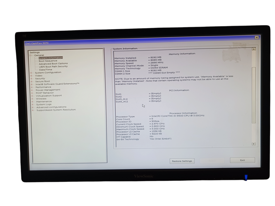 Dell Optiplex 3070 Intel i5-9500 @3.0Ghz 8GB DDR4 No HDD Q