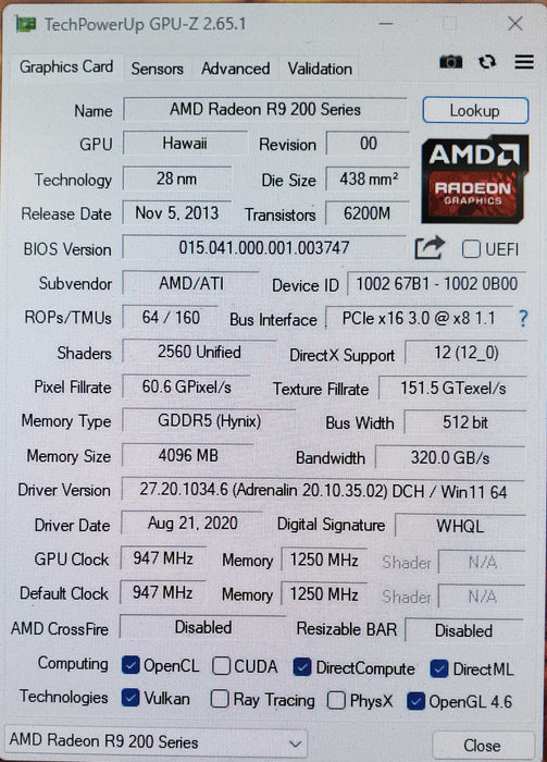 AMD Radeon R9 290 4GB GDDR5 GPU - 1xDP 2xDVI 1xHDMI