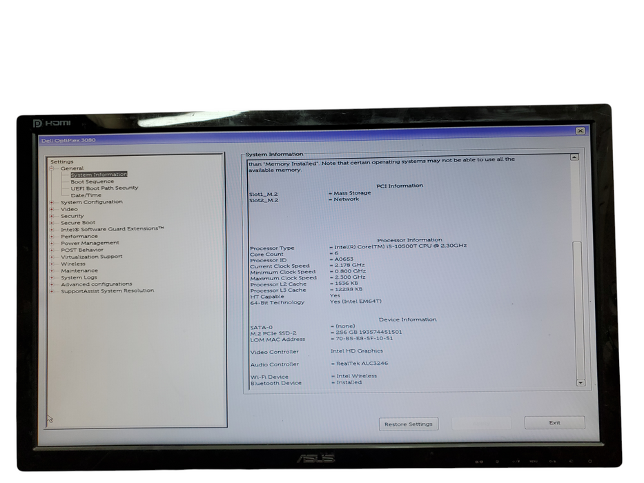 Dell OptiPlex 3080, i5-10500T@2.30GHz, 8GB DDR4, 256GB NVMe, no OS