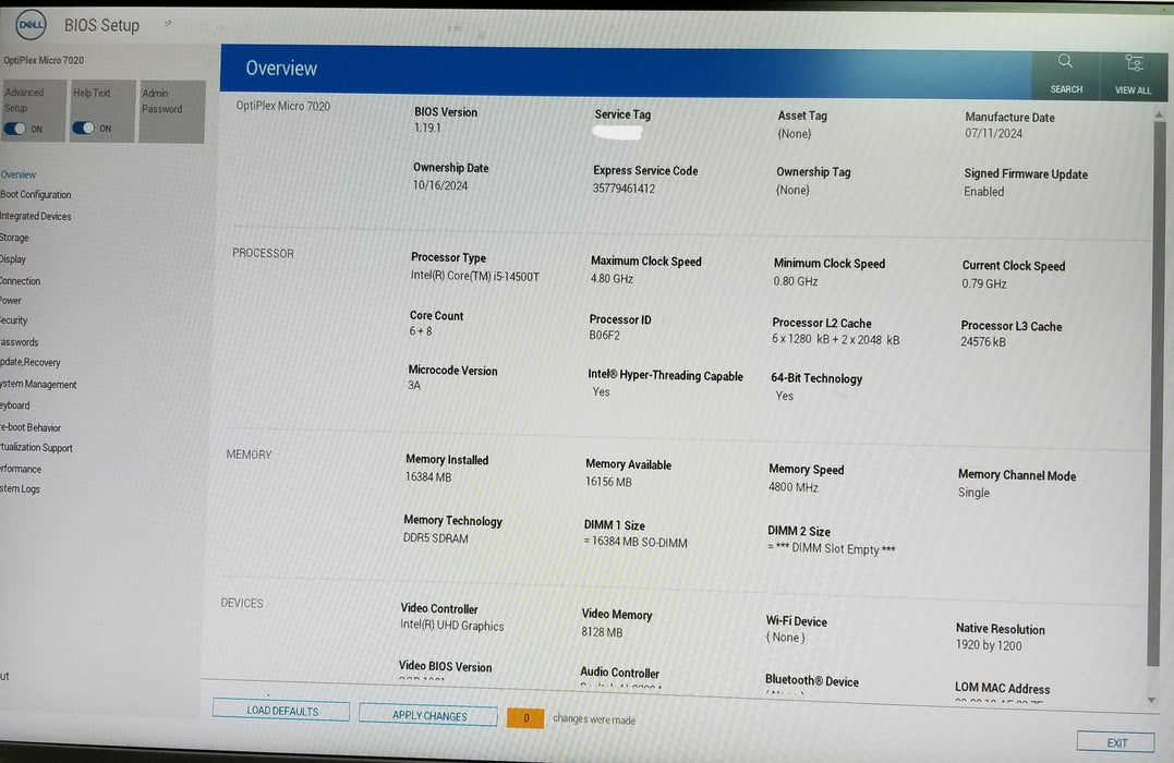 Dell OptiPlex 7020 Micro 14th Gen Core i5-14500T CPU 16GB RAM 256GB NMVe
