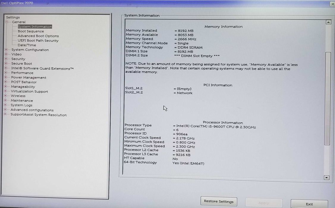Dell OptiPlex 7070 Micro Core i5-9600T CPU 2.30GHz 8GB RAM - No HDD