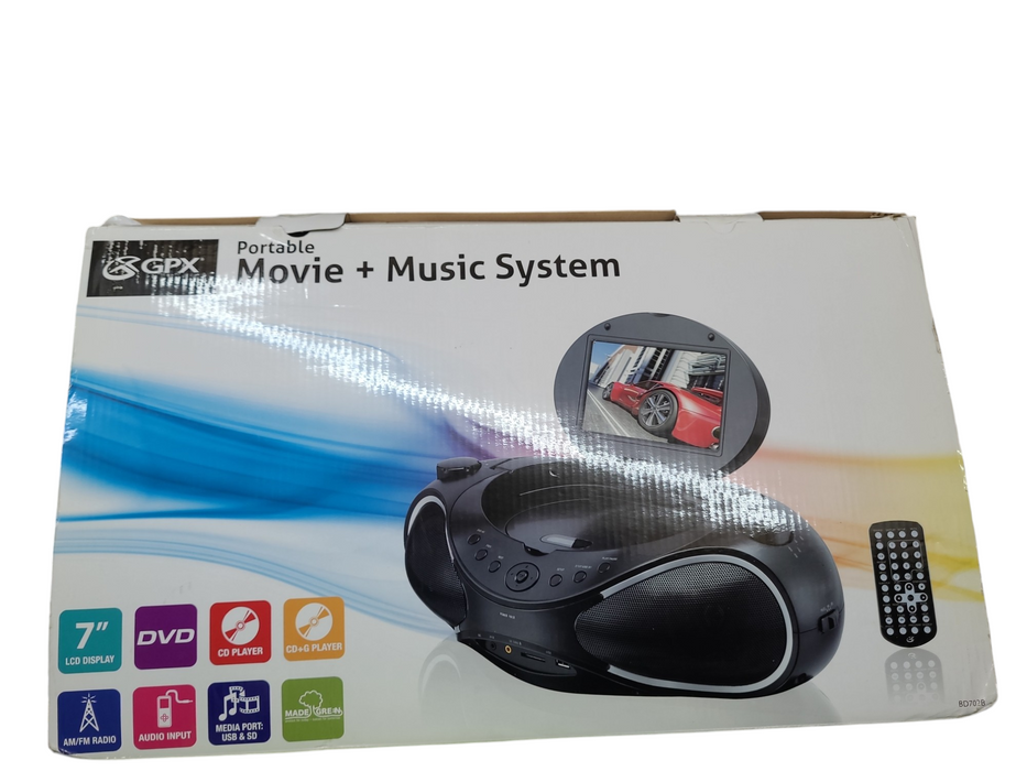 GPX Portable Boombox Music and Movie System 7" LCD Display Model BD702B