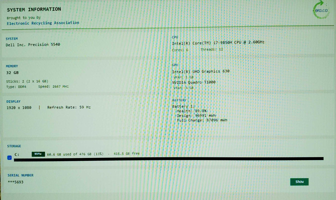Dell Precision 5540 i7-9850H QUADRO T1000 4GB GPU 32GB RAM 256SSD  Lap200
