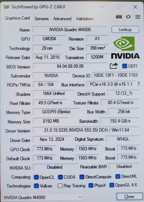 NVIDIA Quadro M4000 8GB GDDR5 Graphics Card - 4xDP