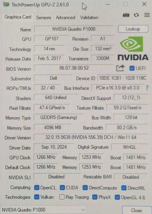 Nvidia Quadro P1000 4GB GDDR5 4 x Mini-DP Video Card, FH Bracket _