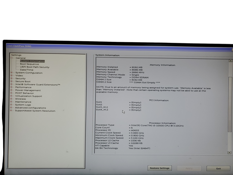 Dell OptiPlex 3080 i5 - 10500 @ 3.10GHz 8GB DDR4 Ram, No HDD