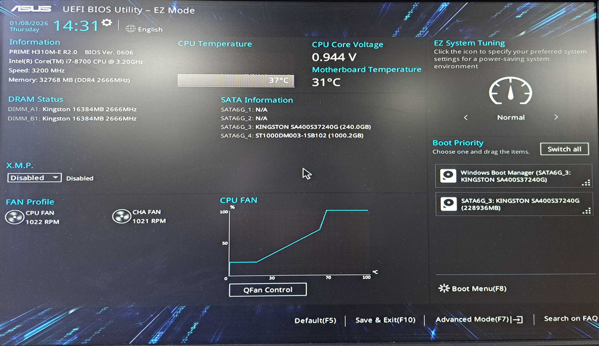 Asus PRIME H310M-E PC w/ Intel Core i7-8700, 32GB DDR4, 240GB SSD+1TB HDD )