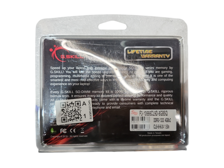 G.Skill 8GB 2x4GB PC310600 DDR3-1333 Laptop Memory F3-10600CL9D-8GBSQ Q