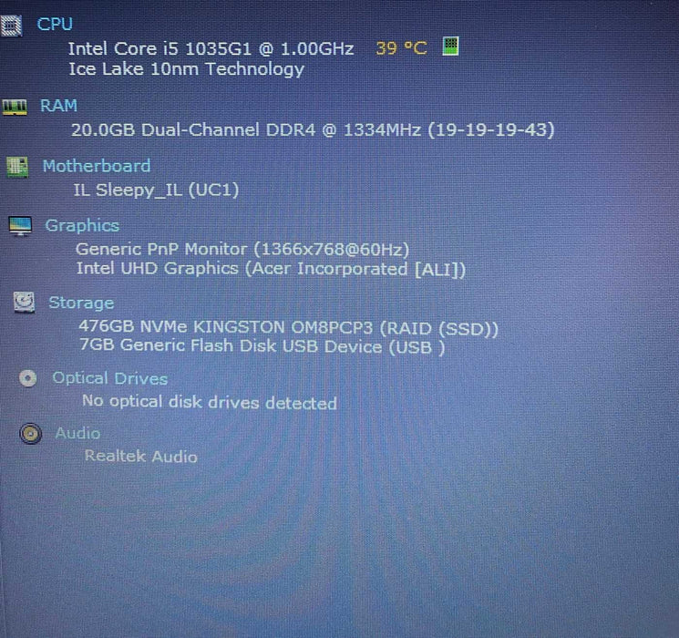 Acer Aspire A315-56 Core i5-1035G1@1.00GHz 20GB RAM 512GB SSD  Lap200