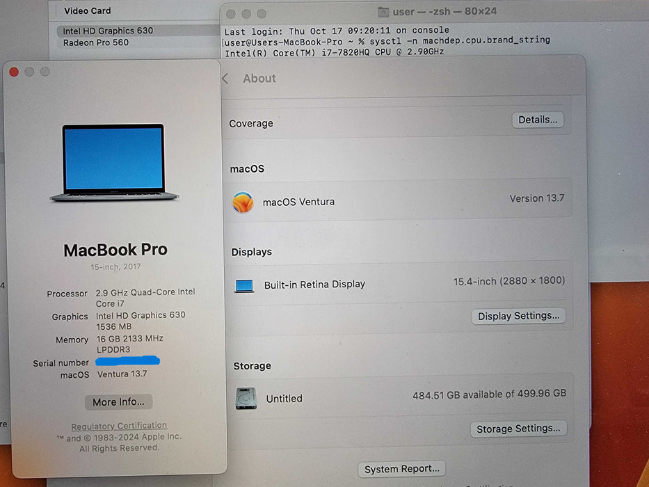 MacBook Pro 15" 2017 |4-Core i7-7820HQ @2.9GHz 16GB RAM 500GB-SSD Radeon READ