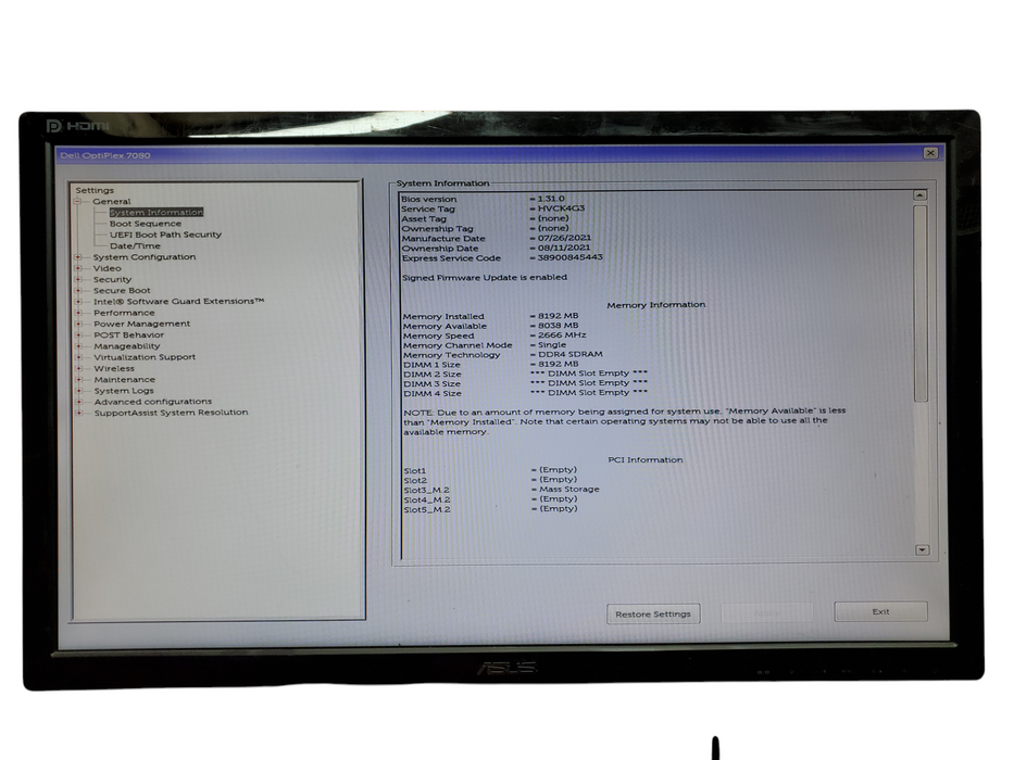 Dell Optiplex 7080 SFF, i5-10500@3.10GHz, 8GB DDR4, 256GB NVMe, no OS