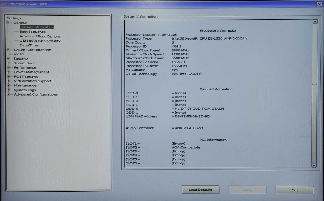 Dell Precision 5810, E5-1650v4 3.60GHz, 32GB DDR4, K2200, No HDD