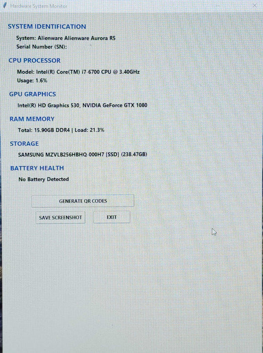 Alienware Aurora R5, i7-6700 3.40GHz, 16GB DDR4, 256GB NVMe, GTX1080