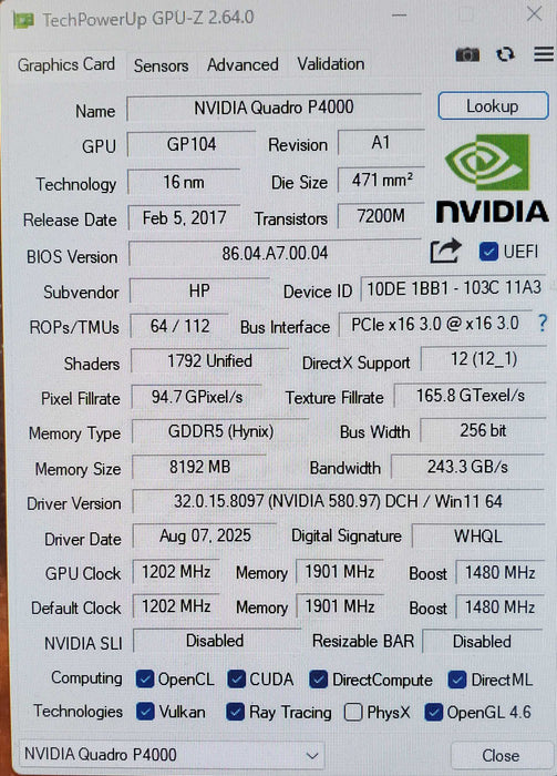 NVIDIA Quadro P4000 8GB GDDR5 Graphics Card