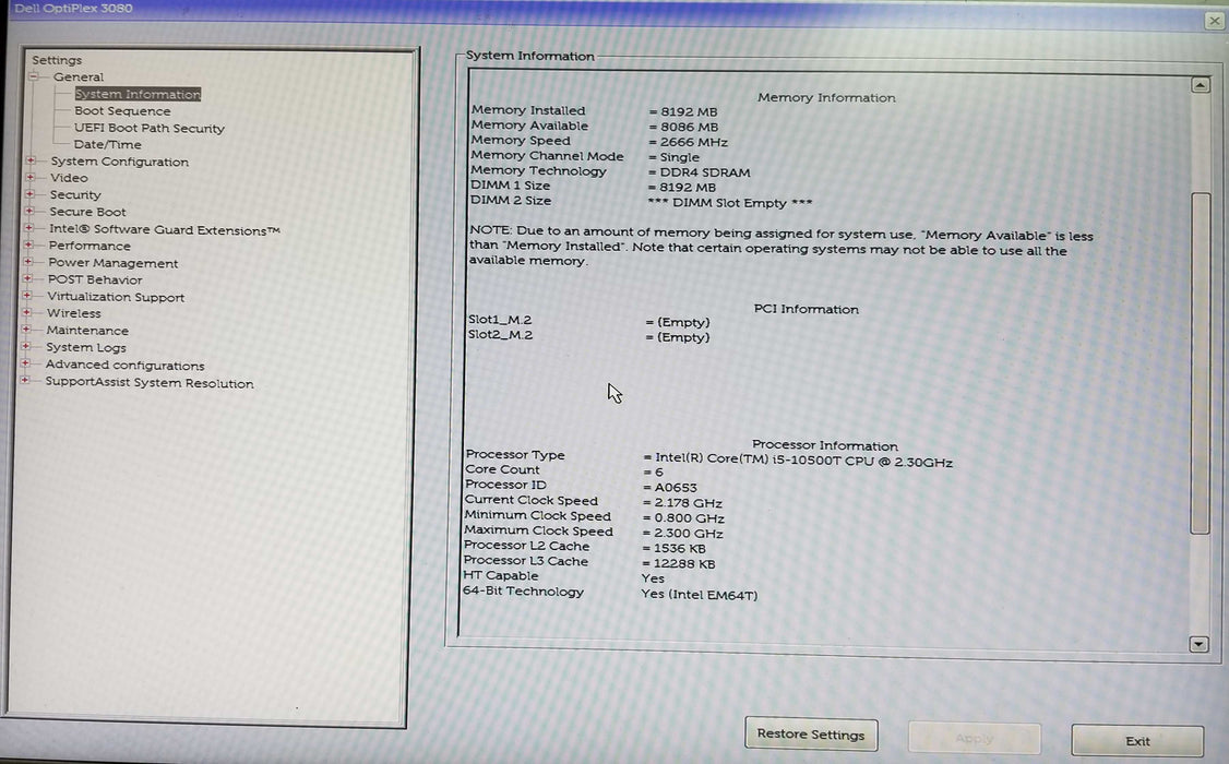 Dell OptiPlex 3080 USFF Intel i5-10500T CPU 2.30GHz 8GB RAM No HDD