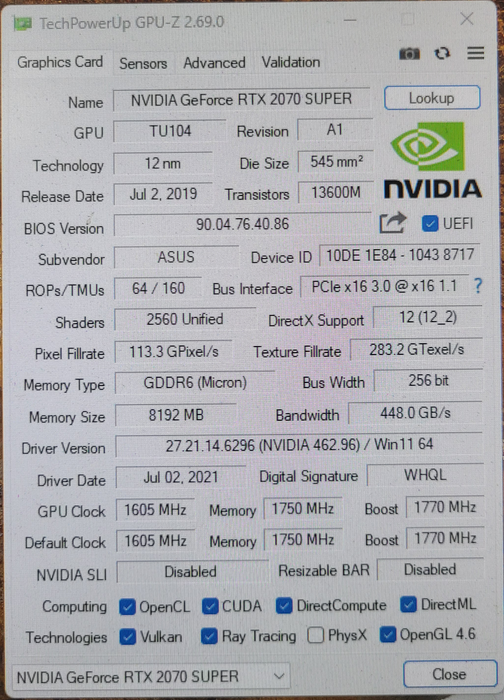 Asus Nvidia GeForce RTX 2070 Super 8GB GDDR6 Graphics Card