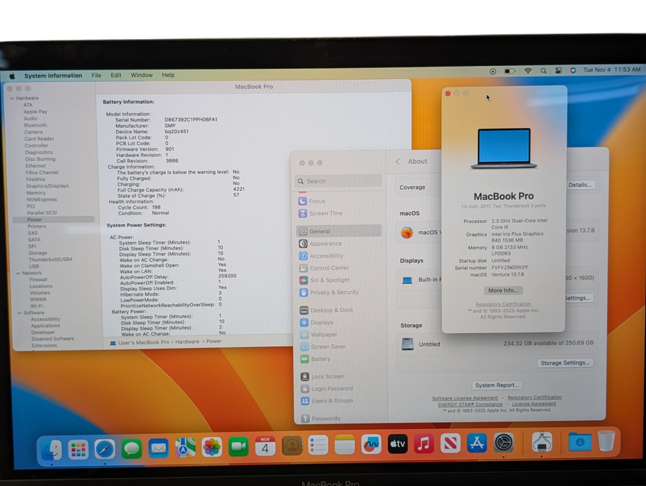 MacBook PRO 13-inch 2017 Intel i5-7360U 8GB RAM 250GB Storage  -
