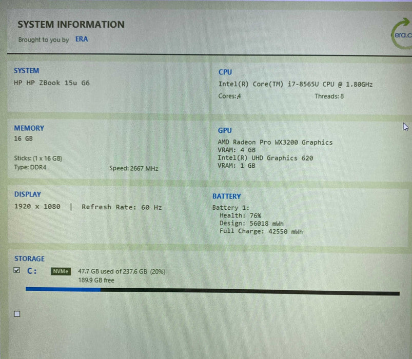 HP ZBook 15u G6 i7-8565U Radeon Pro WX3200 4GB GPU 16GB RAM 256GB SSD  Lap200