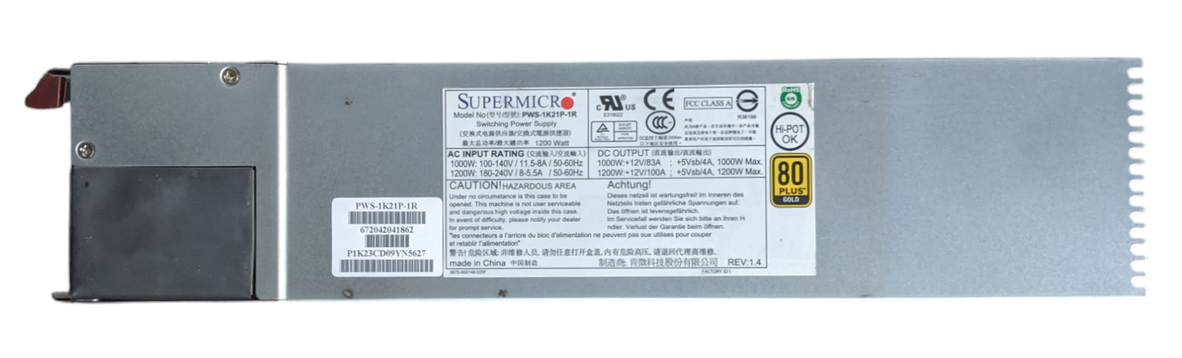 SuperMicro PWS-1K21P-1R | 1200W Server Switching Power Supply | 80 Plus Gold Q