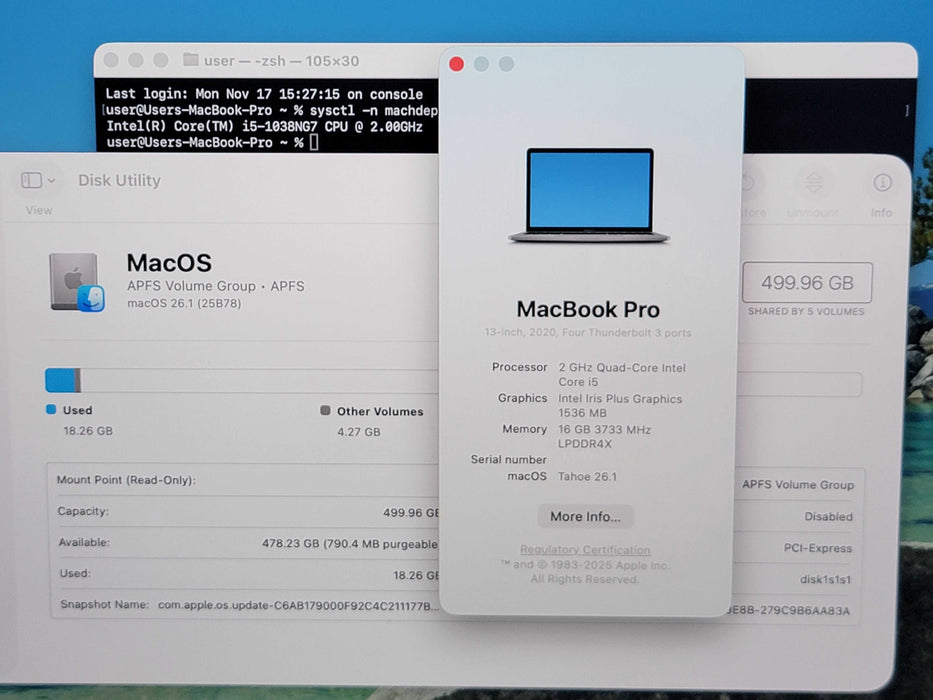 Apple Macbook Pro 2020 13" 4-Core i5-1038NG7 @ 2.0GHz 16GB DDR4 500GB SSD (