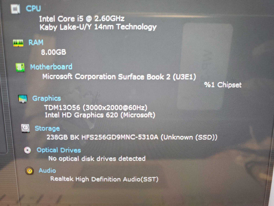 Microsoft Surface Book 2 Core i5-7300U 2.6GHz 8GB RAM 256GB SSD  Lap200