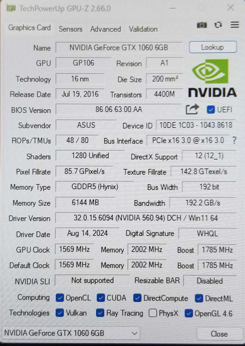 Nvidia GeForce GTX 1060 6GB Dual Fan GDDR5 - Graphics Card