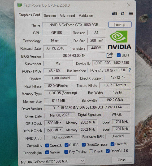 MSI NVIDIA GeForce GTX 1060 6GB LENOVO OEM Graphics Card )