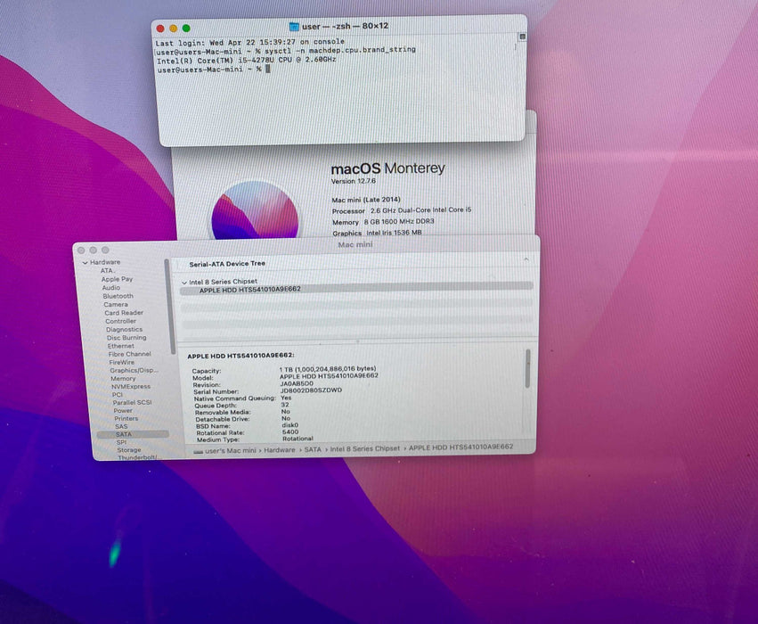 Apple Mac Mini Late 2014 Intel Core i4-4278U@2.60GHz 8GB RAM 1TB HDD