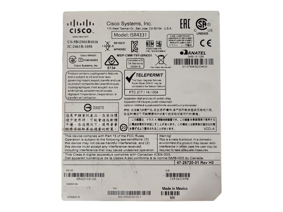 Cisco 4300 Series ISR4331/K9 Integrated Service Router, Not Affected