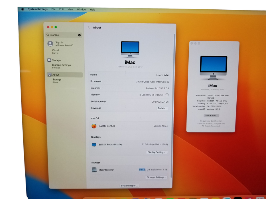 Apple iMac 21.5" 4K A1418 2017 Core i5 3.0GHz 8GB RAM 1TB HDD RadeonPro 555