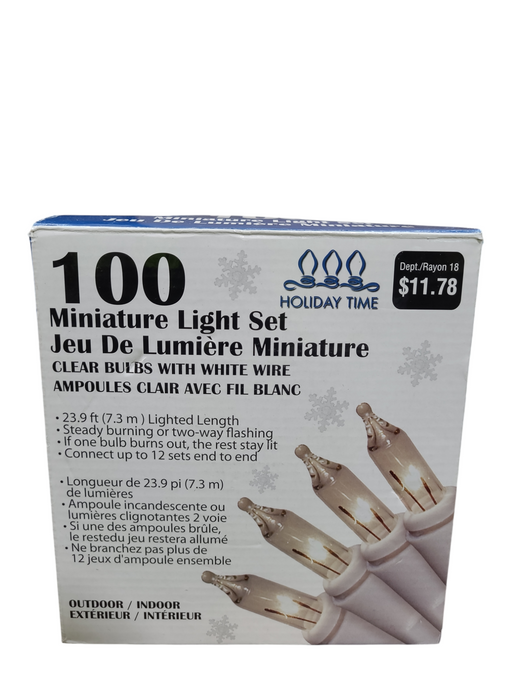 Holiday Time 100 Miniature Light Set, Clear Bulbs w/ White Wire