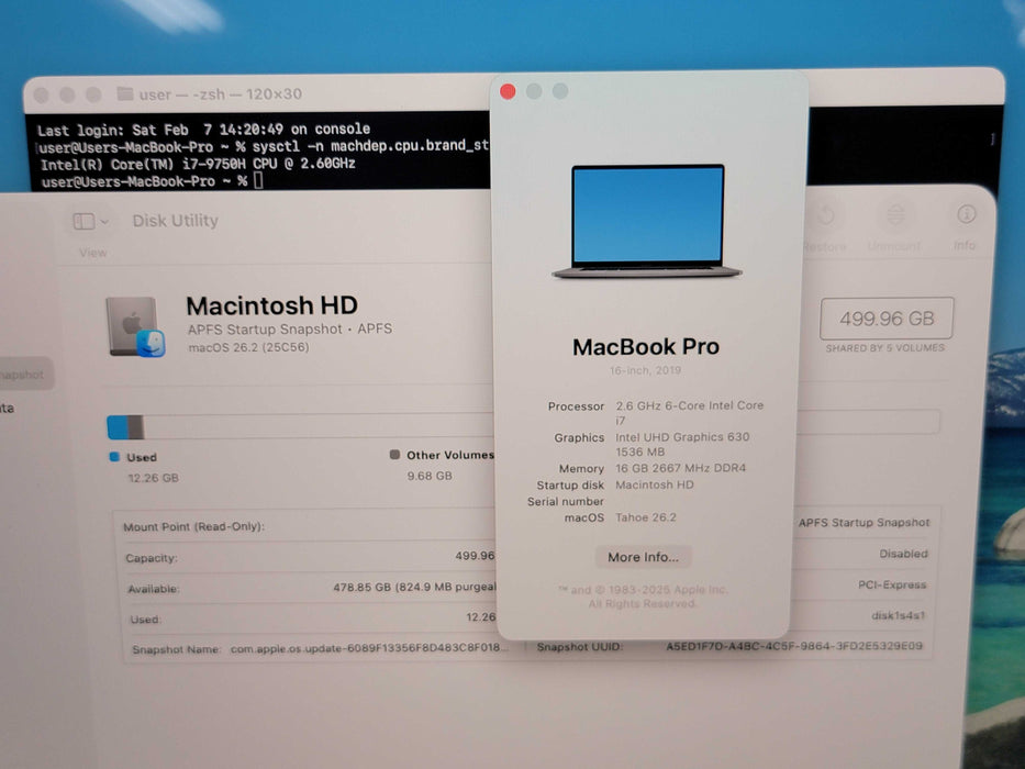 Apple Macbook Pro 2019 16" 6-Core i7-9750H @ 2.6GHz 16GB RAM 500GB SSD GPU (