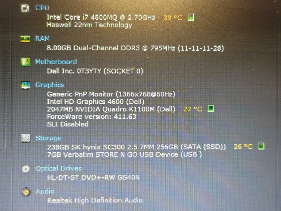 Dell Precision M4800 i7-4800MQ 8GB DDR3L Quadro K1100M 256GB SSD  β BudLap
