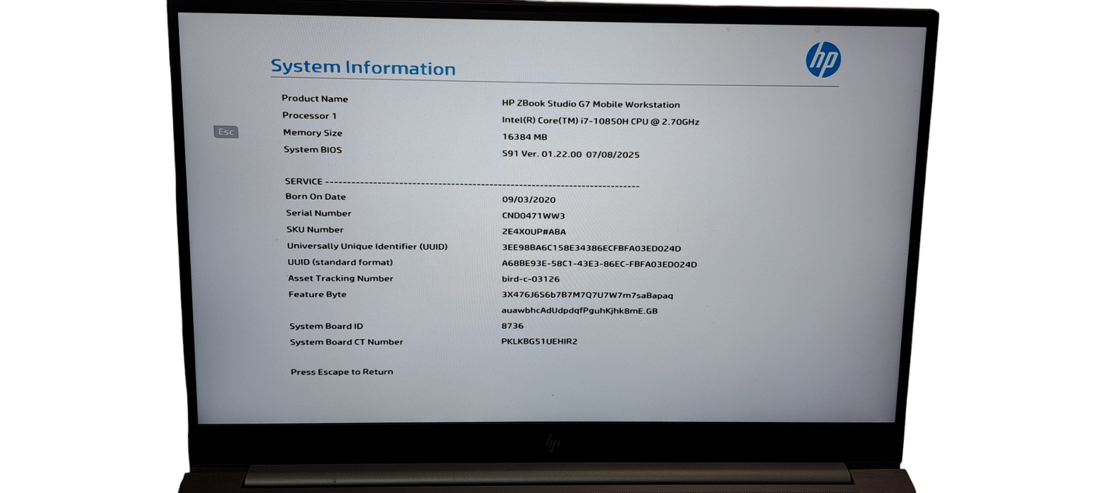 HP ZBook Studio G7 i7-10850H CPU|16GB RAM DDR4|256GB NVME|BIOS locked  Lap200