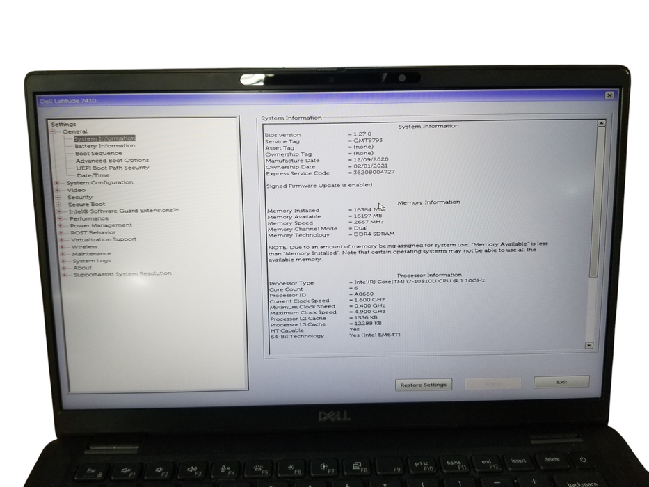 Dell Latitude 7410 Core i7-10810U @1.10GHz 16GB DDR4, 256GB NVMe W/Adapter Lap200