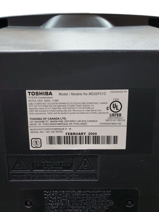 Toshiba TV/DVD Combination 20" CRT TV - MD20F51C