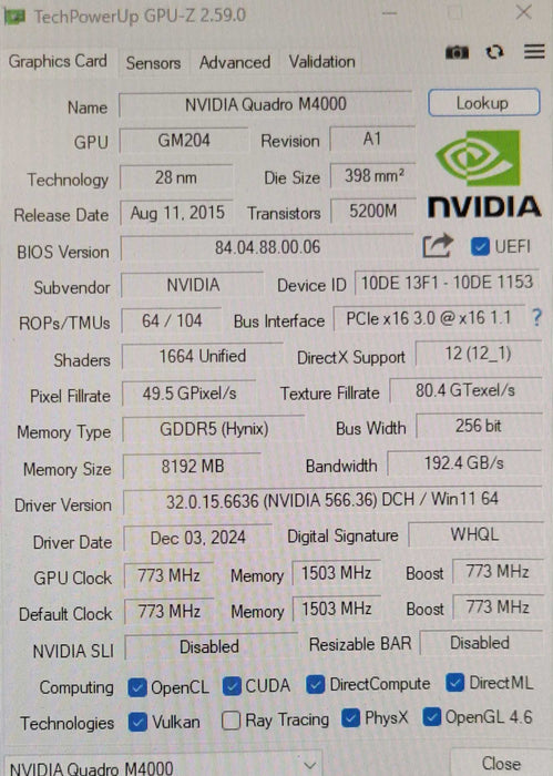 NVIDIA Quadro M4000, 8GB GDDR5 PCIe Graphics Card, 4x DisplayPort _