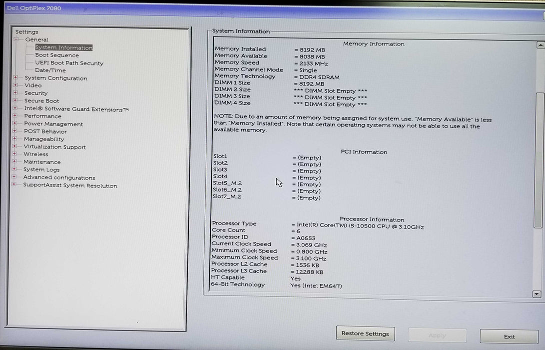 Dell Optiplex 7080 Tower Intel i5-10500 CPU 3.10GHz 8GB RAM No HDD