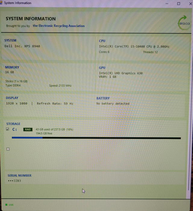 Dell XPS 8940 Tower PC | i5-10400 @2.90 GHz 16GB DDR4 256GB NVMe