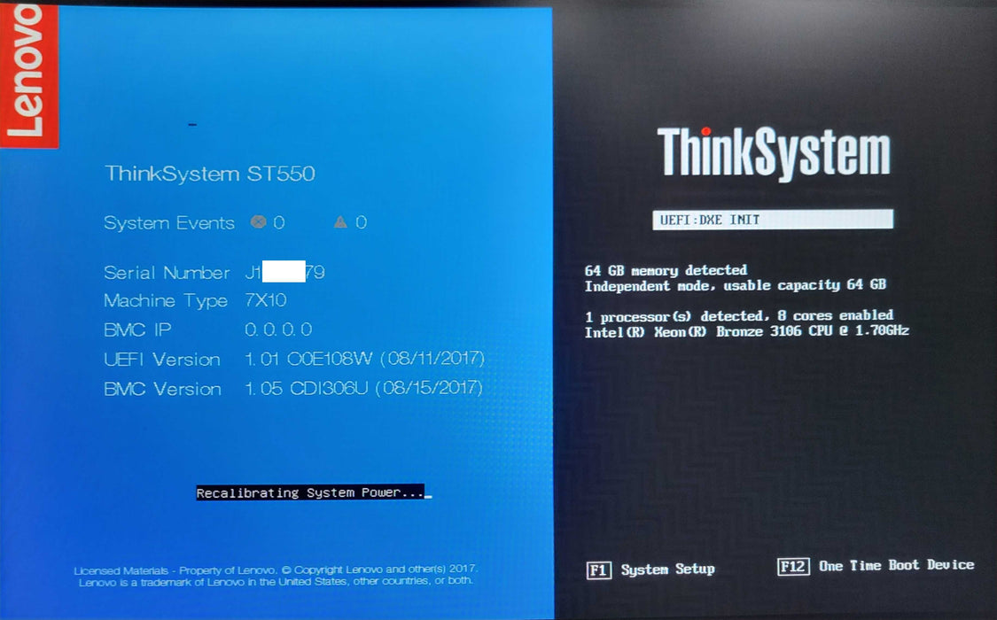Lenovo ThinkSystem ST550, 1x Xeon Bronze 3106 64GB 2x PSU, 4x 3.5" Bays _