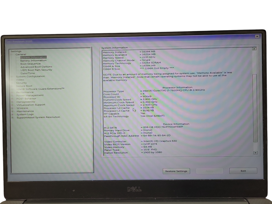 Dell Precision 5520 i7-7820HQ 16GB RAM Quadro M1200 256GB SSD ! Lap200