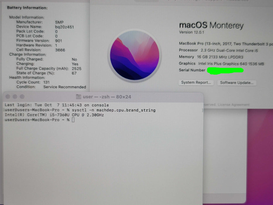 Apple MacBook Pro 13" 2017 i5-7360U 16GB DDR3L 250GB SSD Service Battery β