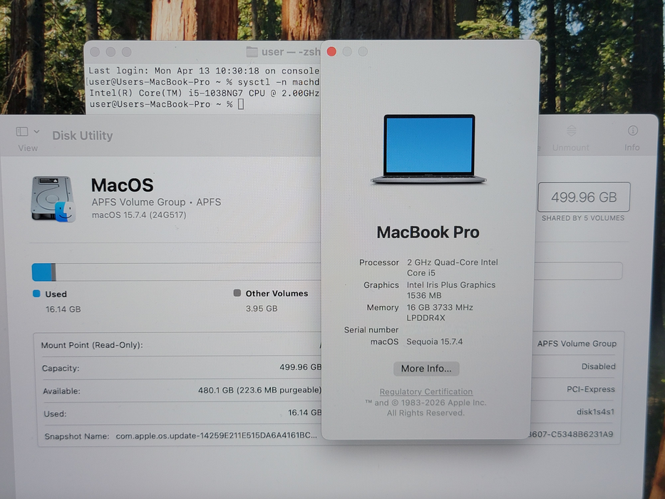 Apple Macbook Pro 2020 13" 4-Core i5-1038NG7 @ 2.0GHz 16GB DDR4 500GB SSD (
