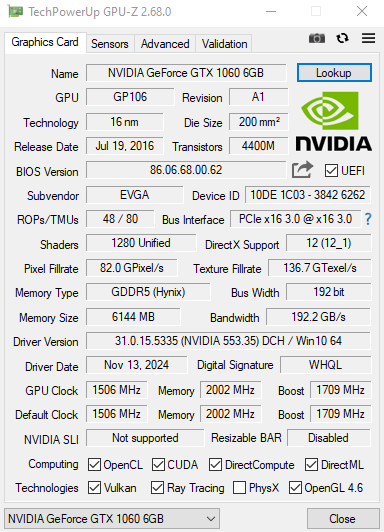 EVGA GeForce GTX 1060 SSC GAMING 06G-P4-6267-KR 6GB GDDR5 Graphics Card