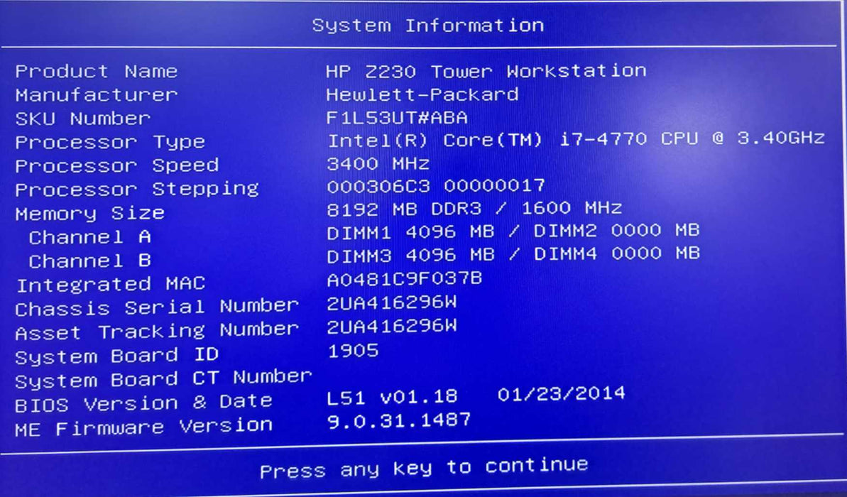 HP Z230 Tower | i7-4770 @ 3.40GHz 4C, 8GB Ram, No HDD/OS, 320W PSU