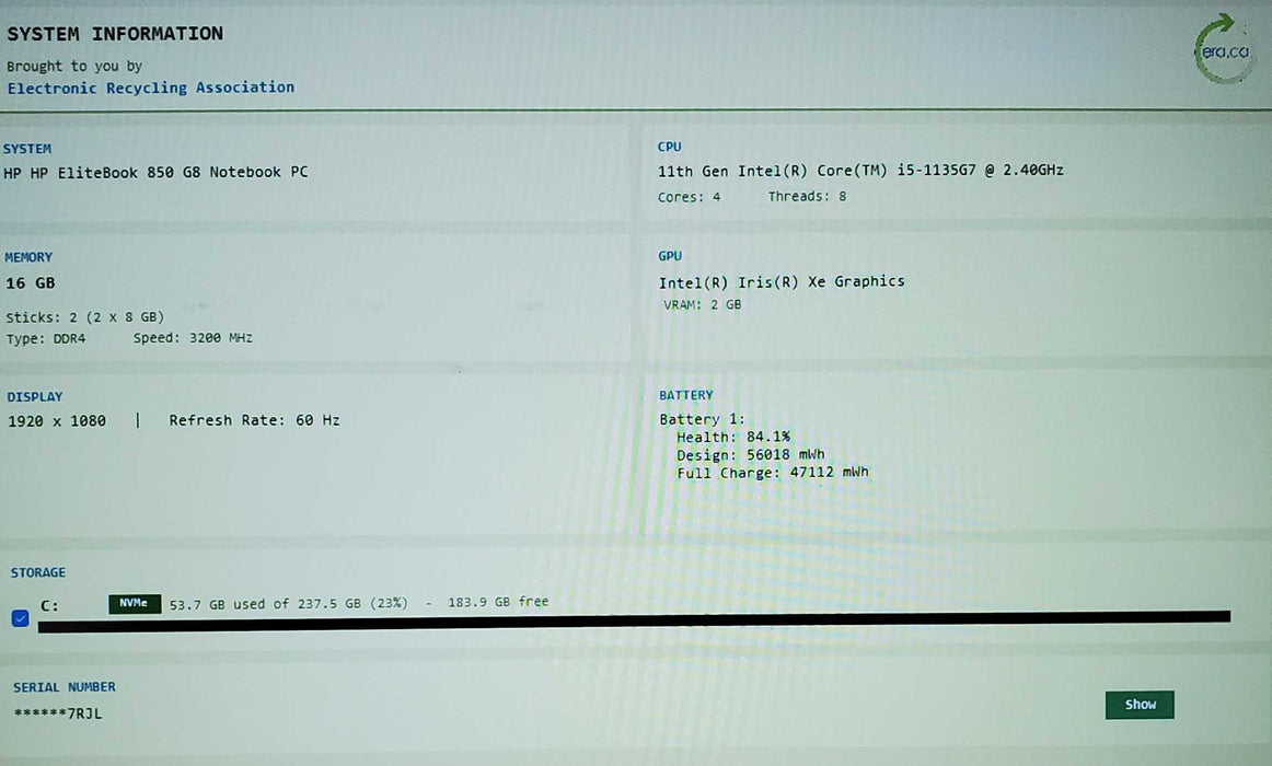 HP EliteBook 850 G8 Core i5-1135G7@2.40GHz 16GB RAM 256GB SSD read  Lap200