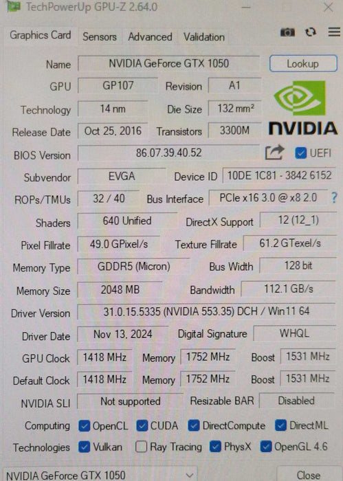 EVGA Geforce GTX 1050 2GB GDDR5 Graphics Card 02G-P4-6152-KR _